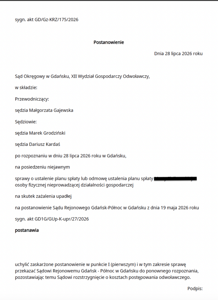 Postanowienie Sądu Okręgowego w Gdańsku Wydział XII Gospodarczy Odwoławczy, sygn. akt GD/Gz-KRZ/175/2026