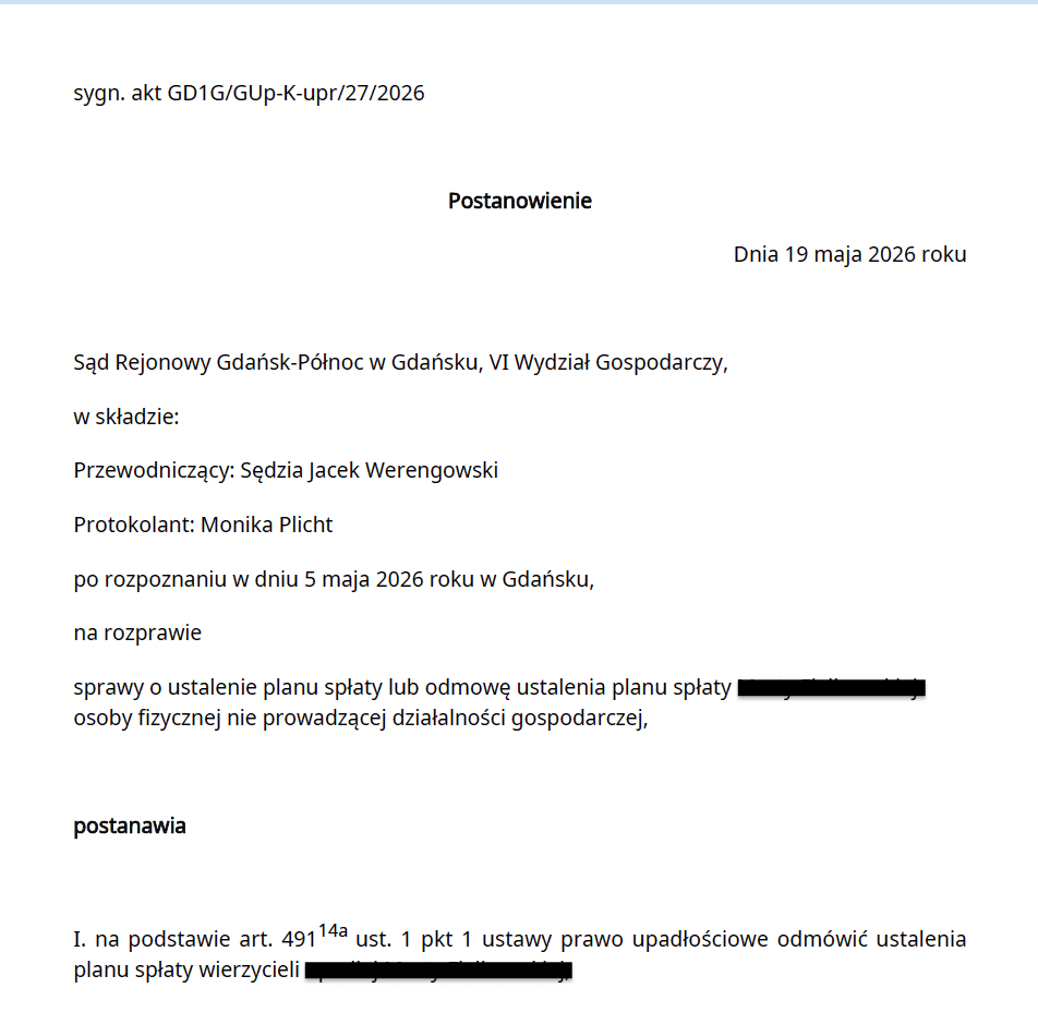 Postanowienie Sądu Rejonowego Gdańsk-Północ w Gdańsku VI Wydział Gospodarczy z dnia 19 maja 2026 r. sygn. ak GD1G/GUp-K-upr/27/2026